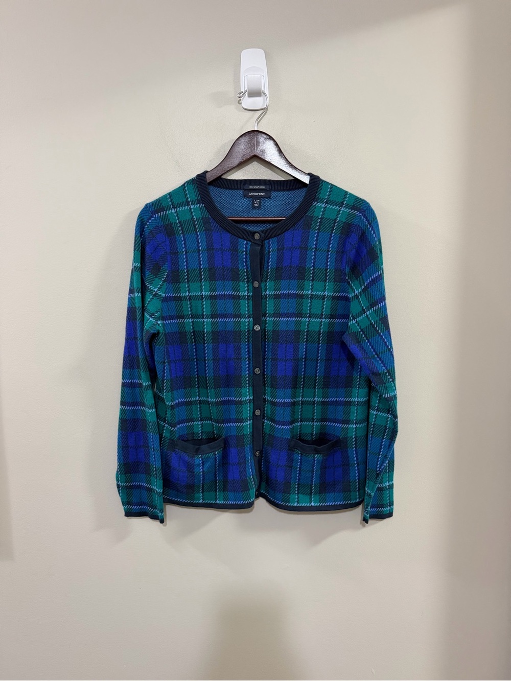 Lands' End Women's Blue and Green Tartan Plaid Supima Cotton Cardigan